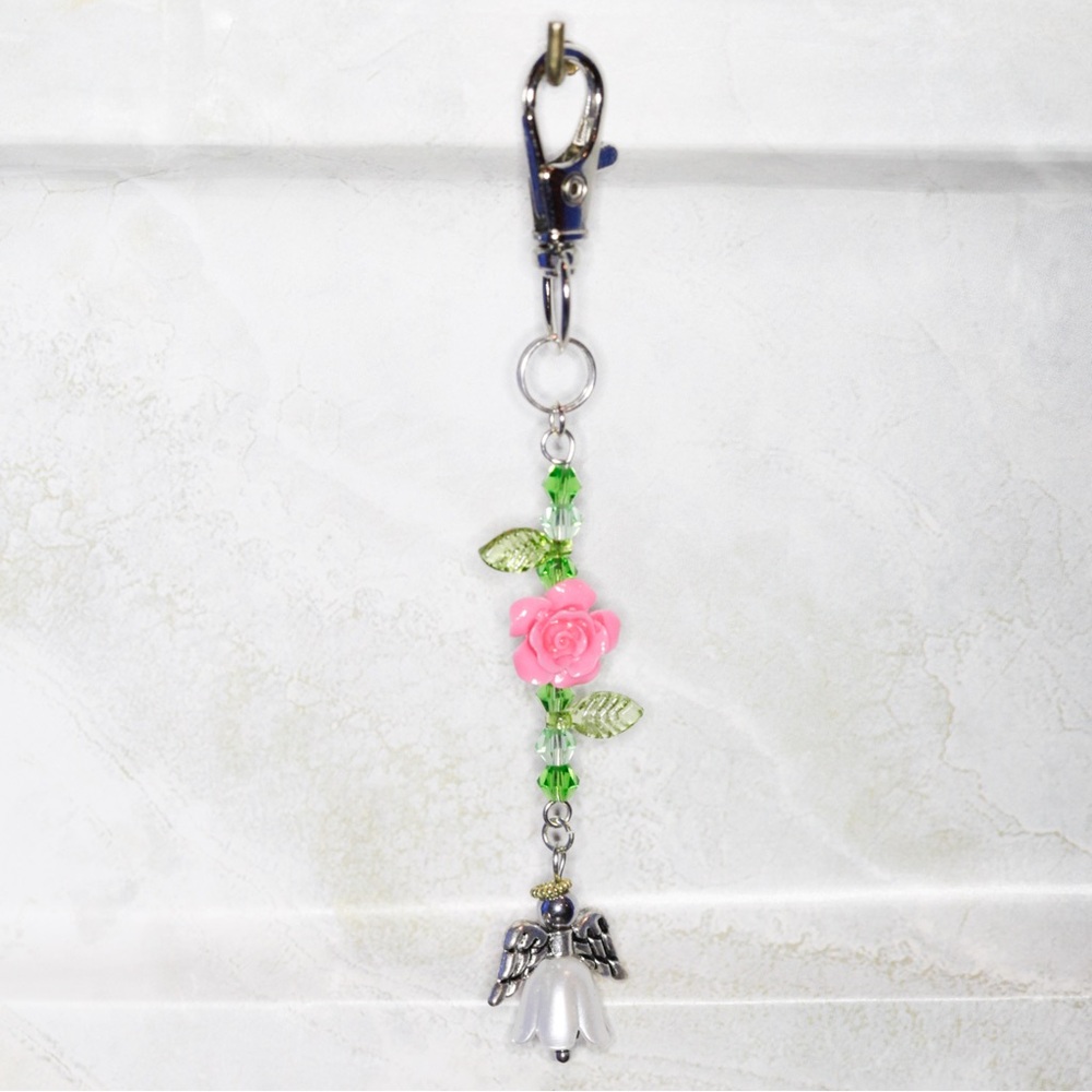 One of a Kind Handmade Pink Rose and Angel Keychain Bag Charm